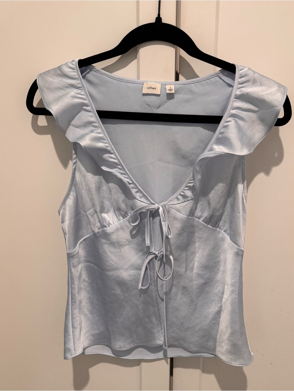 Wilfred Aritzia Pale Blue Satin V-Neck Tank with Tie Detail